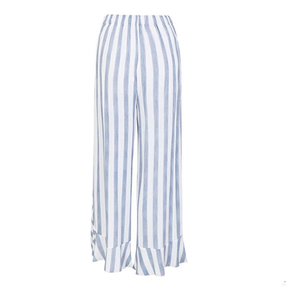 High Waisted Chiffon Striped Palazzo Pants Ruffles - Picture 7 of 13